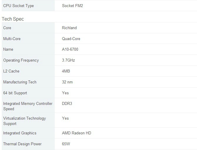 AMD A10 6700 Richland specifications